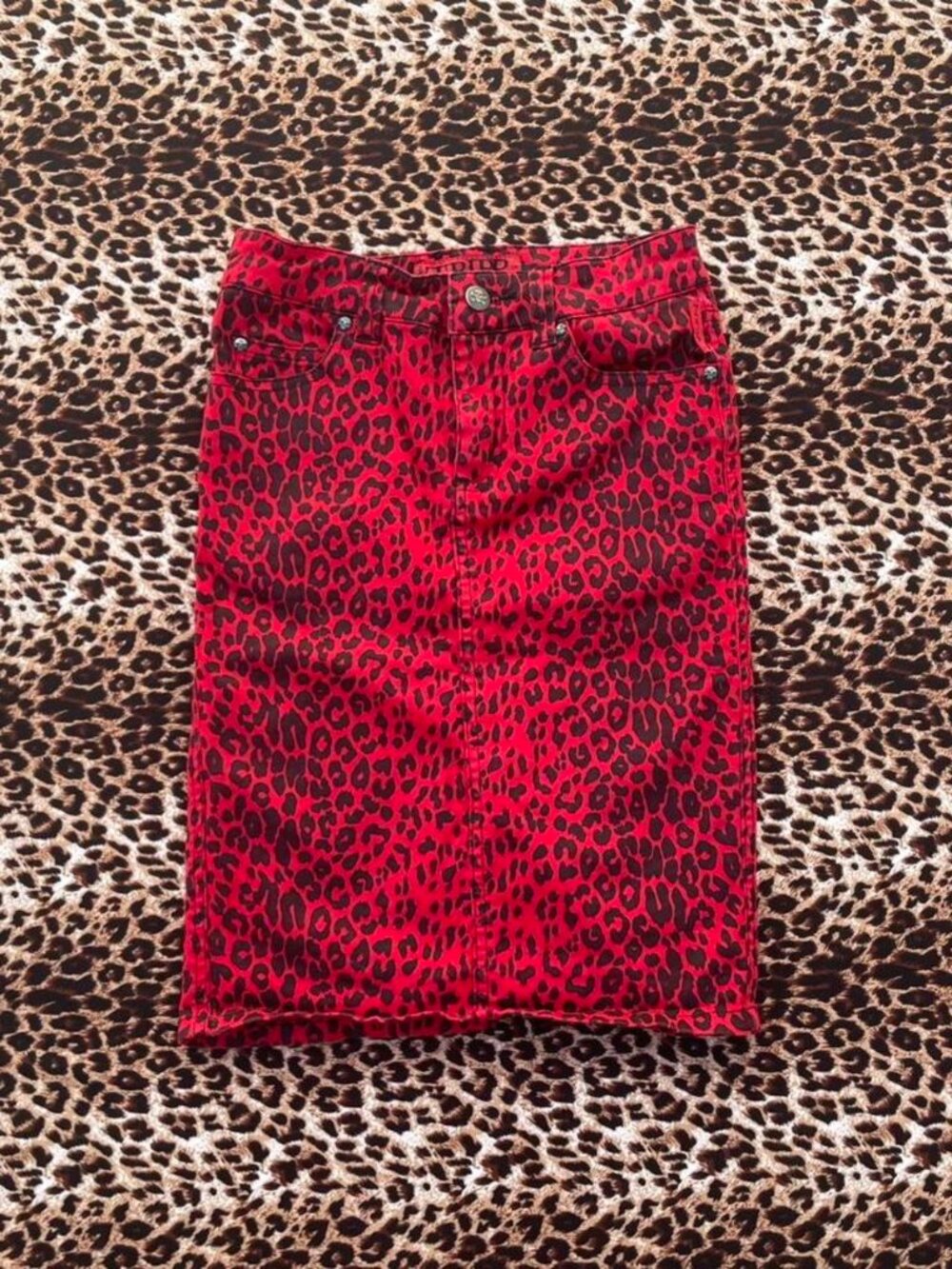 TRIPP NYC red leopard pencil denim skirt